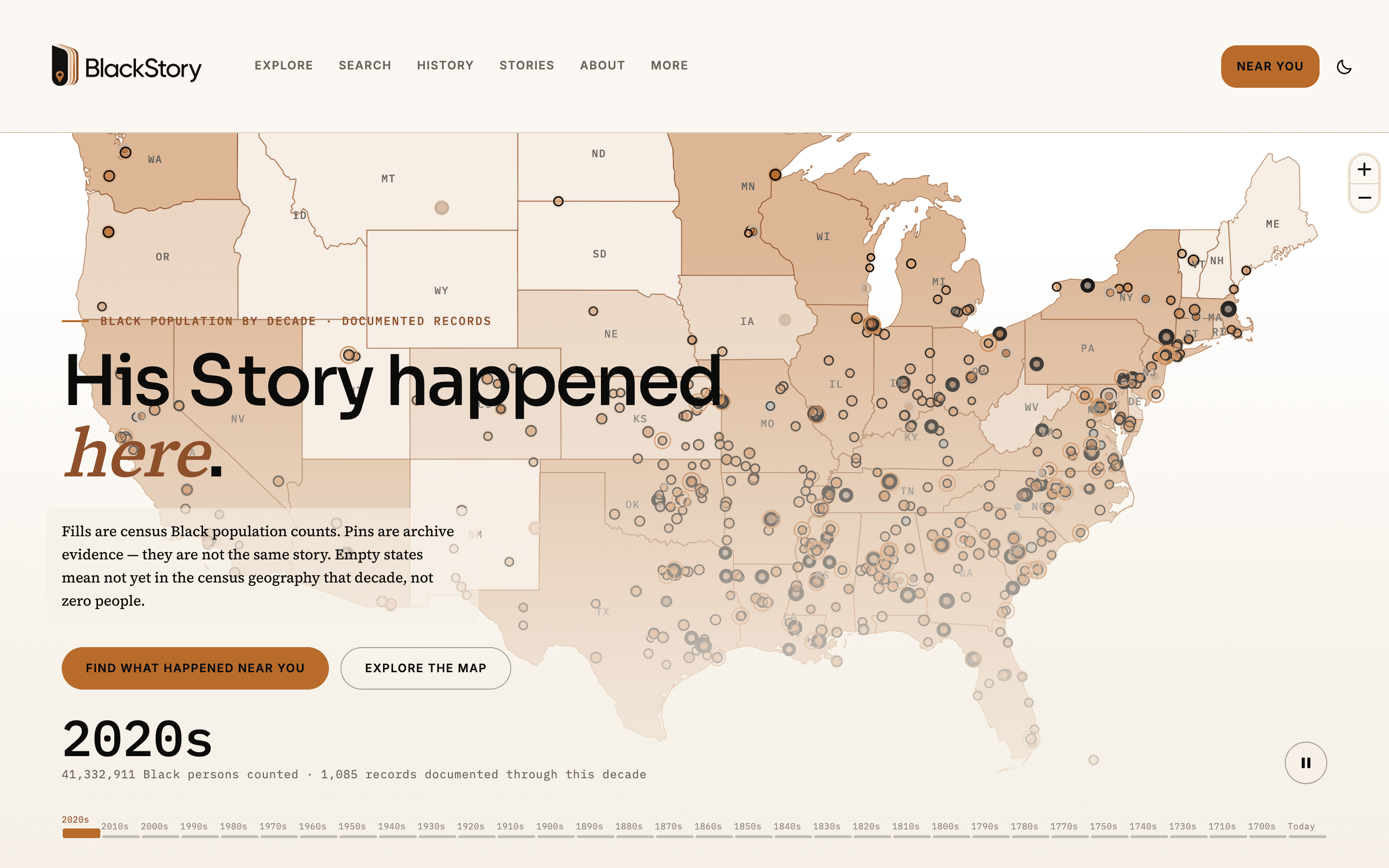 BlackStory home screen: interactive U.S. map with census population fills and archive evidence pins, hero headline History happened here, Near you and Explore the map actions, and a decade timeline set to the 2020s.